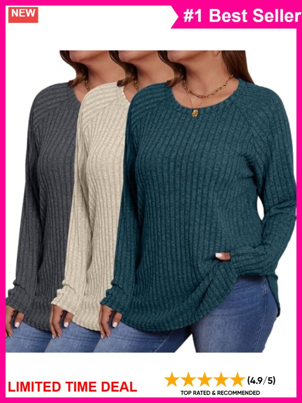Plus Size Thermal Tunic Sweaters 3 Pack Long Sleeve Curved Hem Pullover